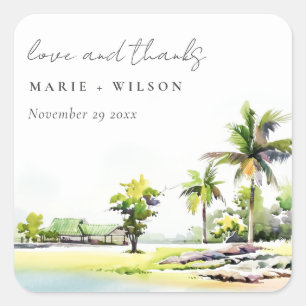 Tropical Coastal Palm Trees Watercolor Wedding Square Sticker