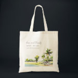 Tropical Coastal Palm Trees Watercolor Wedding Tote Bag<br><div class="desc">Tropical Coastal Palm Trees Watercolor Theme Collection.- it's an elegant script watercolor Illustration of coastal paradise, beach palm trees, cottage- lively green in color, with the backdrop of dusky blue mountain range. Perfect for your Coastal Hawaiian & Mexican destination wedding & parties. It’s very easy to customize, with your personal...</div>