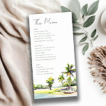 Tropical Coastal Palm Trees Wedding Menu Card<br><div class="desc">Tropical Coastal Palm Trees Watercolor Theme Collection.- it's an elegant script watercolor Illustration of coastal paradise, beach palm trees, cottage- lively green in color, with the backdrop of dusky blue mountain range. Perfect for your Coastal Hawaiian & Mexican destination wedding & parties. It’s very easy to customize, with your personal...</div>