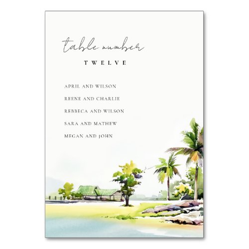 Tropical Coastal Palm Trees Wedding Seating Chart Table Number
