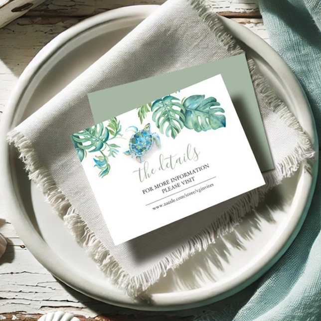 Tropical Coastal Sea Turtle Guest Details Insert (Wedding website card tropical watercolor sea turtle beach art Victoria Grigaliunas Do Tell A Belle)