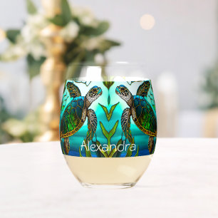 Tropical Coastal Sea Turtle Teal Blue Green Stemless Wine Glass