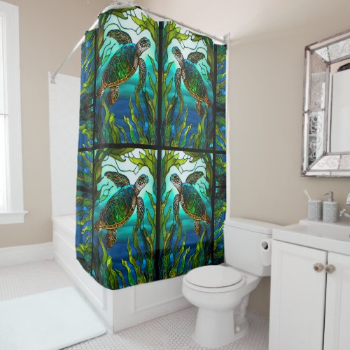 Tropical Coastal Sea Turtle Teal  Stained Glass Shower Curtain