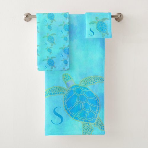Tropical Coastal Sea Turtle Turquoise Watercolor B Bath Towel Set