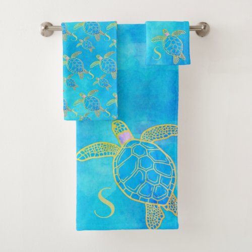 Tropical Coastal Sea Turtle Turquoise Watercolor  Bath Towel Set