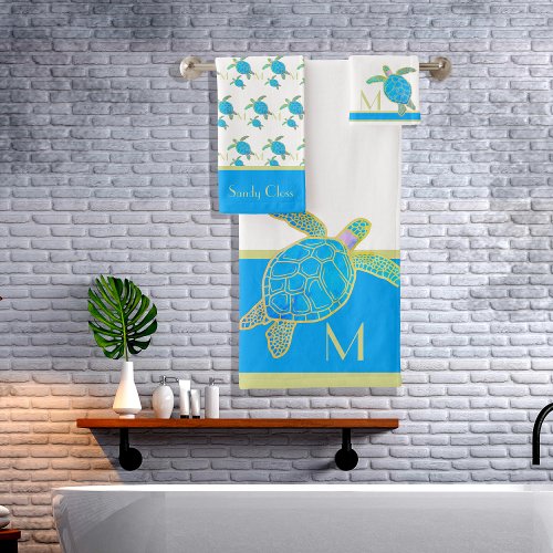 Tropical Coastal Sea Turtle Turquoise Watercolor  Bath Towel Set