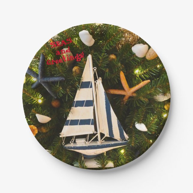 Tropical Coastal 'SEAS and Greetings' Christmas Paper Plates (Front)