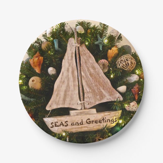 Tropical Coastal 'SEAS and Greetings' Christmas Paper Plates (Front)