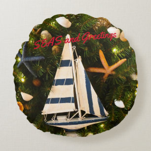 Tropical Coastal 'SEAS and Greetings' Christmas Round Pillow