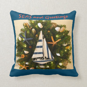 Tropical Coastal 'SEAS and Greetings' Christmas Throw Pillow