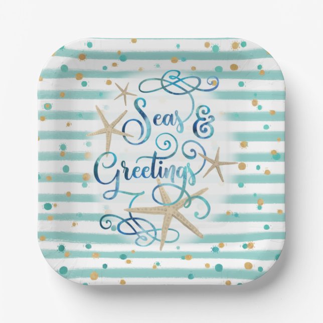 Tropical Coastal SEAS AND GREETINGS Paper Plates (Front)