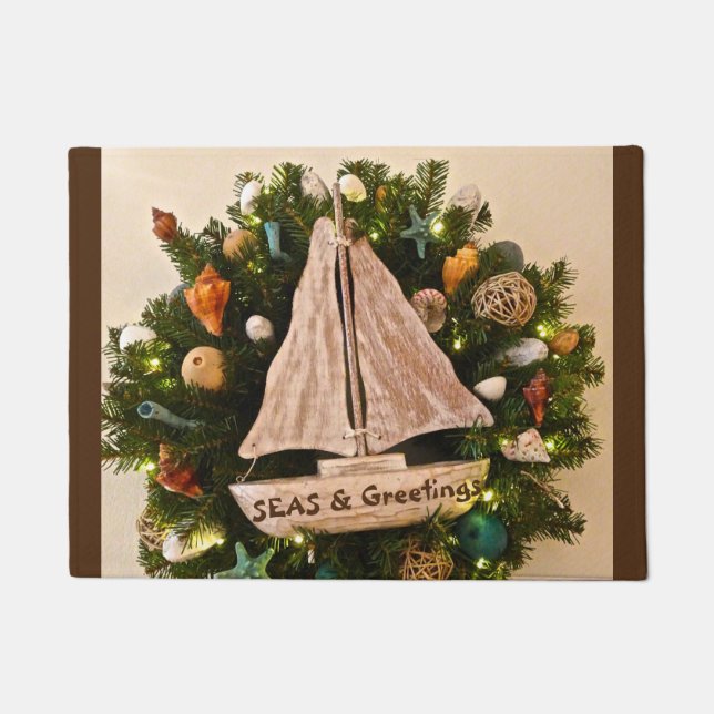 Tropical Coastal SEAS & Greetings Beach Christmas Doormat (Front)