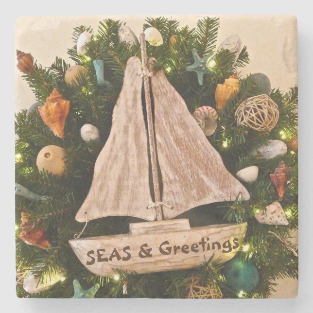 Tropical Coastal SEAS & Greetings Beach Christmas Stone Coaster (Front)