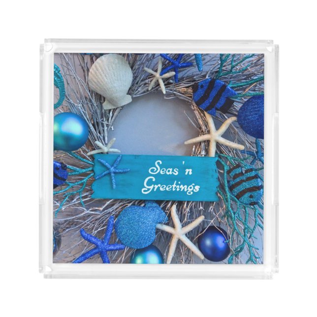 Tropical Coastal Seashell Holiday Christmas Acrylic Tray (Front)