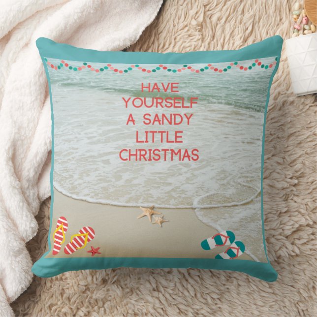 Tropical Coastal Themed Sandy Christmas Holiday  Throw Pillow (Blanket)