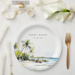 Tropical Coastal Watercolor Destination Wedding Paper Plates