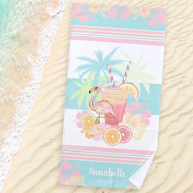 Tropical Cocktail and Flamingo Monogram Name Beach Towel (Tropical Cocktail and Flamingo Monogram Name Beach Towel)
