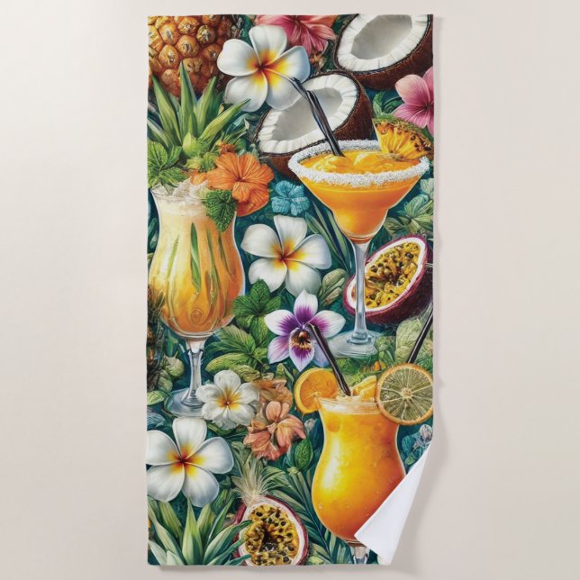 Tropical Cocktail and Floral Design Beach Towel (Front)