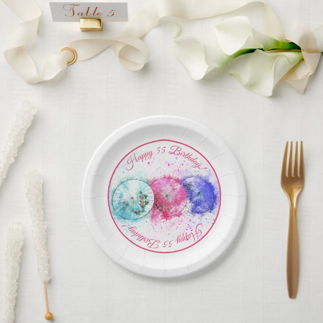 Tropical Cocktail Drink Umbrellas 55th Birthday Paper Plates (Wedding)