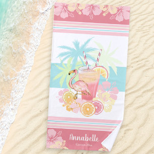 Tropical Cocktail Flamingo Monogram Beach Towel