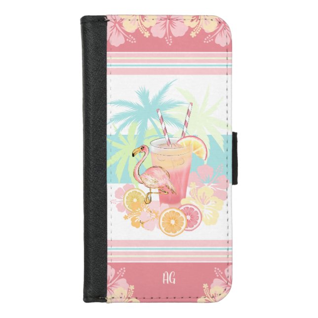 Tropical Cocktail Flamingo Monogram iPhone Wallet Case (Front)