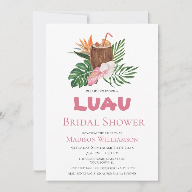  Tropical  Cocktail Floral Luau Bridal Shower Invitation (Front)