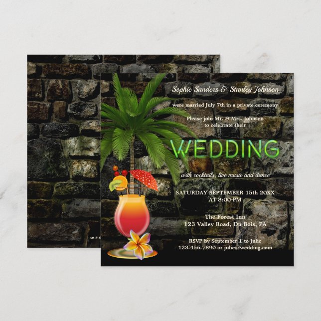 Tropical Cocktail Party Neon After Wedding Invitation (Front/Back)