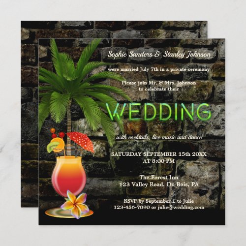 Tropical Cocktail Party Neon After Wedding Invitation