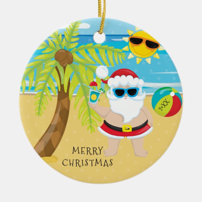 Tropical Cocktail Santa Hawaiian Christmas Ceramic Ornament (Front)