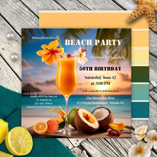 Tropical Cocktail Summer Beach Birthday Party Invitation