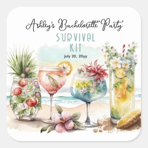Tropical Cocktails Bachelorette Party Survival Kit Square Sticker