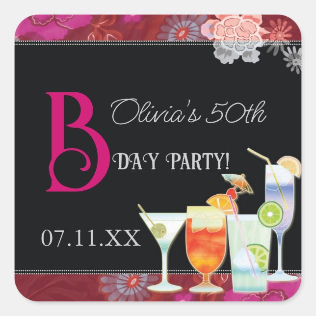 Tropical Cocktails Birthday Party Favors Square Sticker (Front)