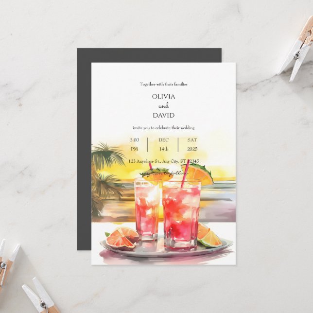 Tropical Cocktails Ocean Sunset Scene Wedding Invitation (Front/Back In Situ)