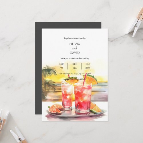  Tropical Cocktails Ocean Sunset Scene Wedding Invitation