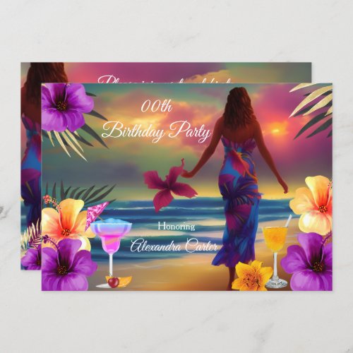 Tropical Cocktails purple Hibiscus palms Birthday Invitation