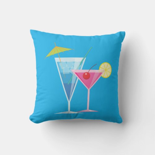 Tropical Cocktails Summer Pillow on Blue _ Outdoor