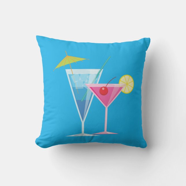 Tropical Cocktails Summer Pillow on Blue - Outdoor (Front)