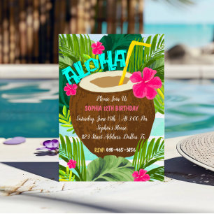 Tropical Coconut Aloha Birthday Invitation