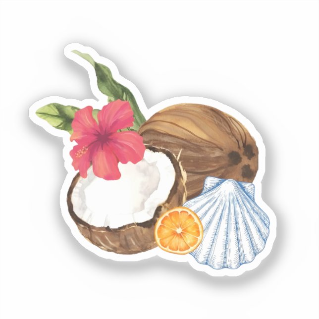 Tropical Coconut and Seashell Sticker (Front)