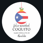 Tropical Coconut Coquito Christmas Drink  Classic Round Sticker<br><div class="desc">Label your coconut and rum coquito bottles this Christmas.  Label
has the Puerto Rican flag Christmas ball and holly.</div>
