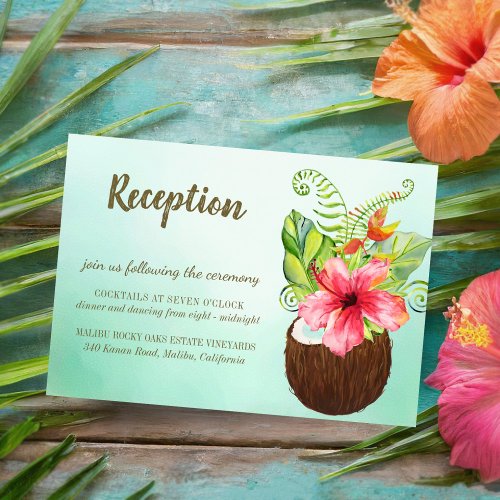 Tropical Coconut Floral Bouquet Wedding Reception Enclosure Card