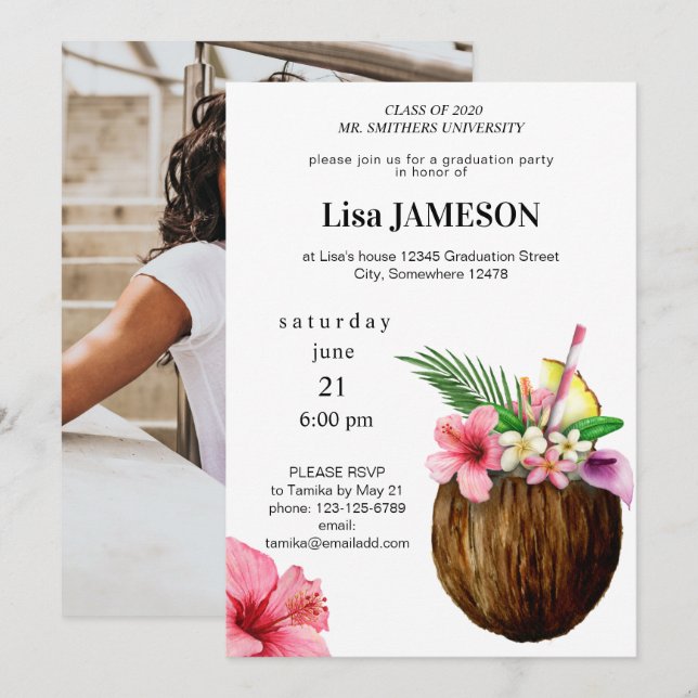Tropical Coconut Gradauation w/ Photo Invitation (Front/Back)