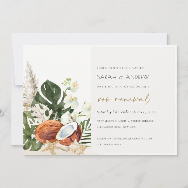 Tropical Coconut Orchids Palm Vow Renewal Invite (Front)