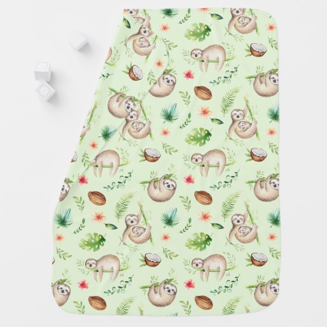 Tropical Coconut Sloth Pattern Baby Blanket (In Situ)