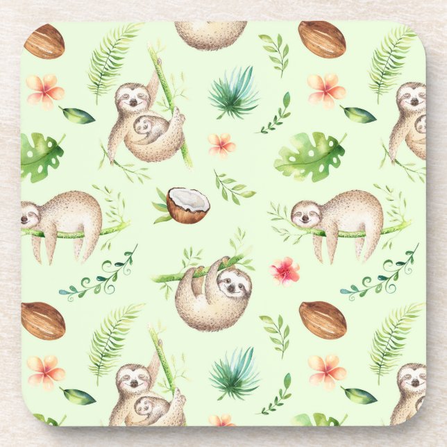 Tropical Coconut Sloth Pattern Beverage Coaster (Front)
