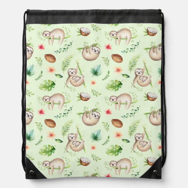 Tropical Coconut Sloth Pattern Drawstring Bag (Front)