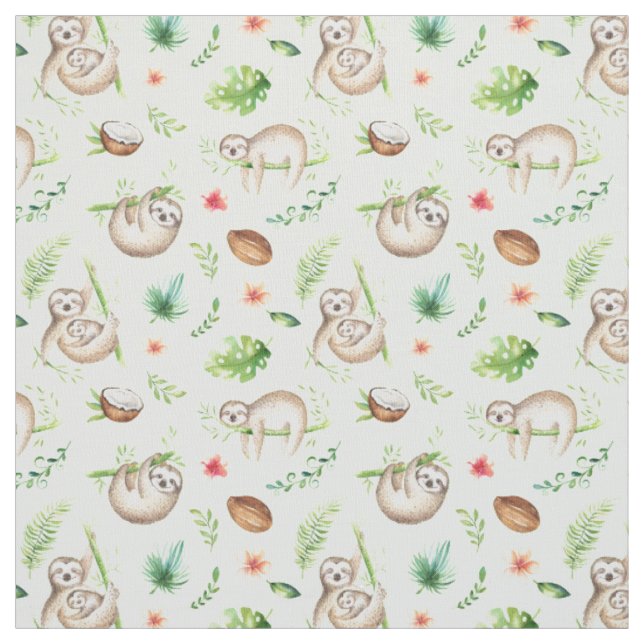 Tropical Coconut Sloth Pattern Fabric (Swatch)