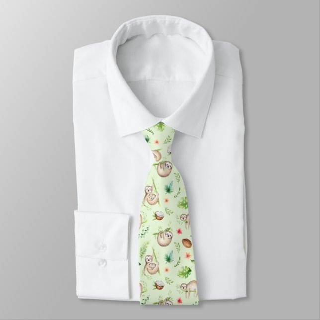 Tropical Coconut Sloth Pattern Neck Tie (Tied)