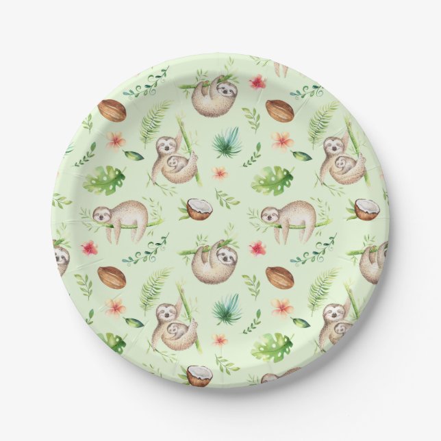 Tropical Coconut Sloth Pattern Paper Plates (Front)