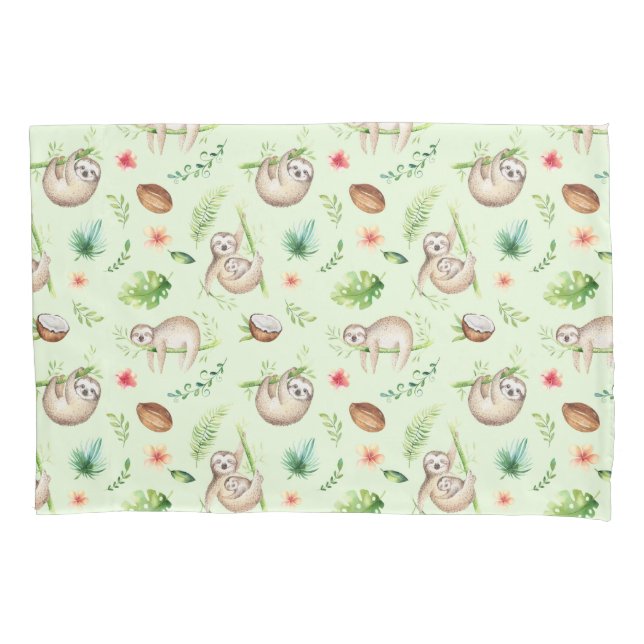 Tropical Coconut Sloth Pattern Pillow Case (Front-Left)
